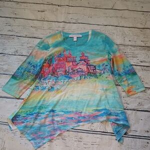 Leoma Lovegrove Blue Pink Seaside Resort Print Sharkbite Tunic Top M